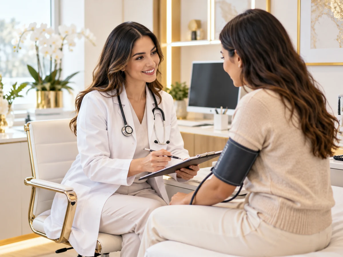 Médica realizando una evaluación general a una paciente